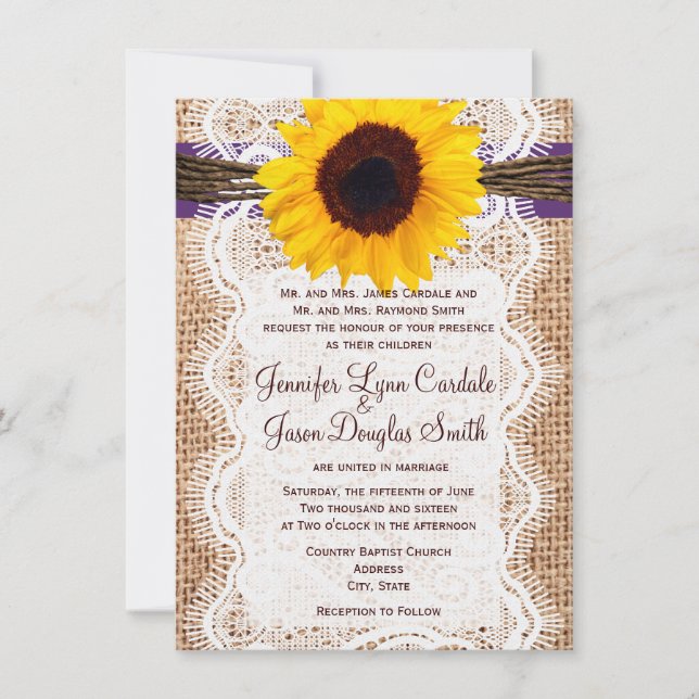 Convites Burlap Sunflower Purple Accent (Frente)