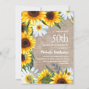 Convites Burlap White Daisies Yellow Sunflower 50th Birthda