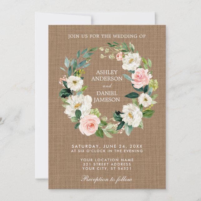 Convites Burlap White Floral Rosa-Rosa-Casado Russo (Frente)