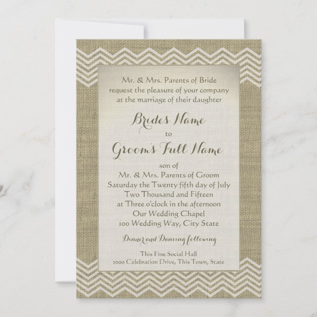 Convites Burlap Zigzag Pattern Wedding (Frente)