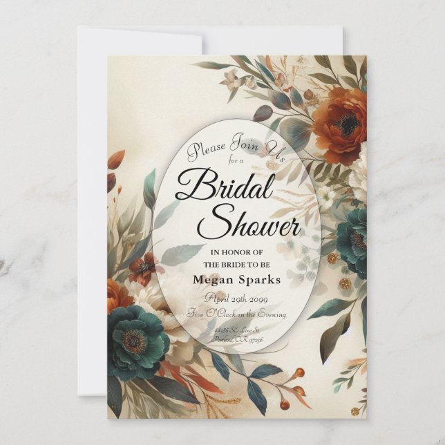 Convites Burnt Orange and Blue Fall Flowers Bridal Shower (Frente)