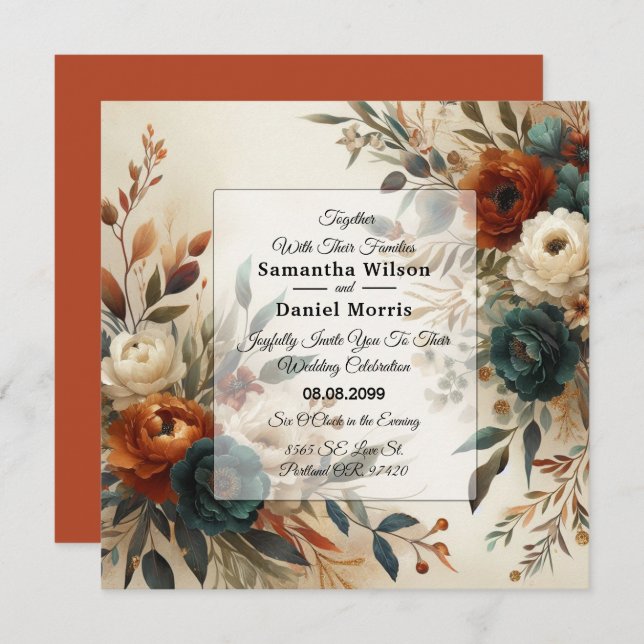 Convites Burnt Orange and Blue Fall Flowers Wedding (Frente/Verso)