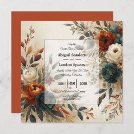Convites Burnt Orange and Blue Fall Flowers Wedding