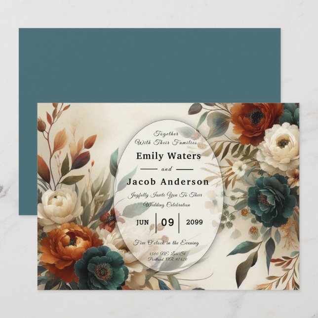 Convites Burnt Orange and Blue Fall Flowers Wedding  (Frente/Verso)