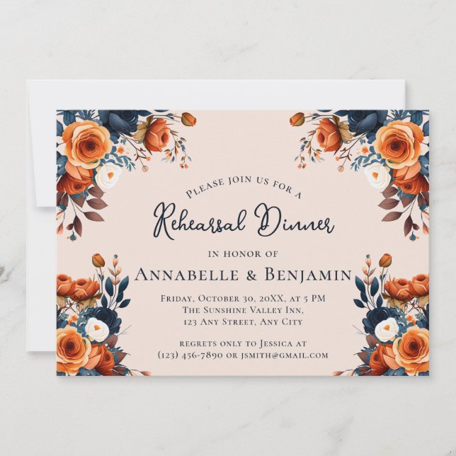 Convites Burnt Orange and Navy Wedding Rehearsal Dinner  (Frente)