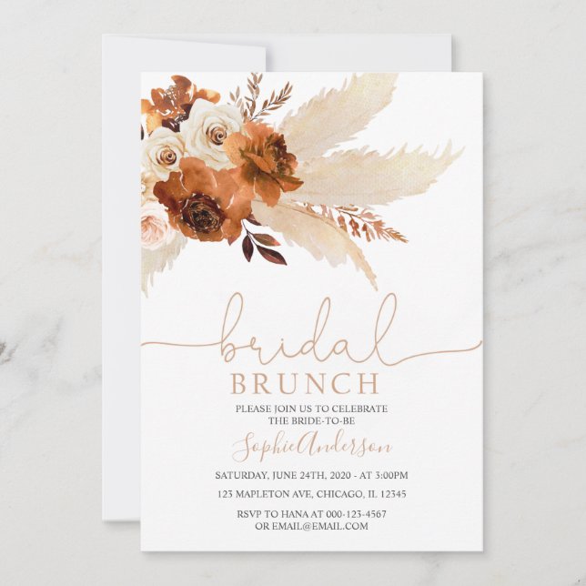 Convites Burnt Orange Bohemian Pampas Grass Bridal Brunch (Frente)
