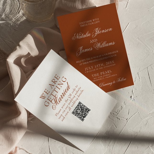 Convites Burnt Orange Boho Chic Terracotta QR Code Wedding (Criador carregado)