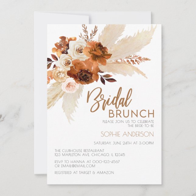 Convites Burnt Orange Boho Pampas Grass Bridal Brunch (Frente)