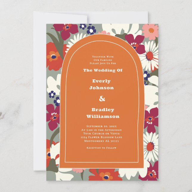 Convites Burnt Orange Bold Floral Boho Chic Retro Wedding (Frente)