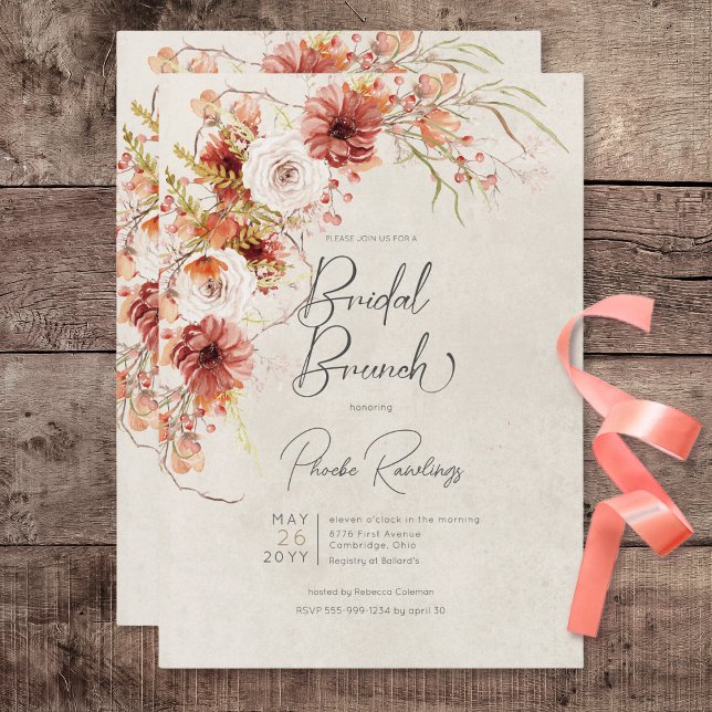 Convites Burnt Orange & Cream Boho Floral Bridal Brunch (Burnt Orange & Cream Boho Floral Bridal Brunch Invitation)