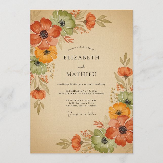 Convites Burnt Orange Floral Autumn Wedding (Frente)