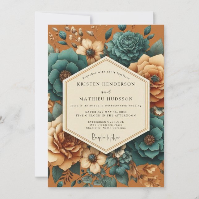 Convites Burnt Orange Floral Opulent Wedding (Frente)