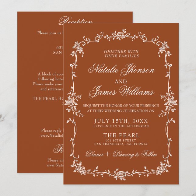 Convites Burnt Orange Floral Terracotta All In One Wedding (Frente/Verso)