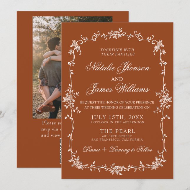 Convites Burnt Orange Floral Terracotta QR Code Wedding (Frente/Verso)