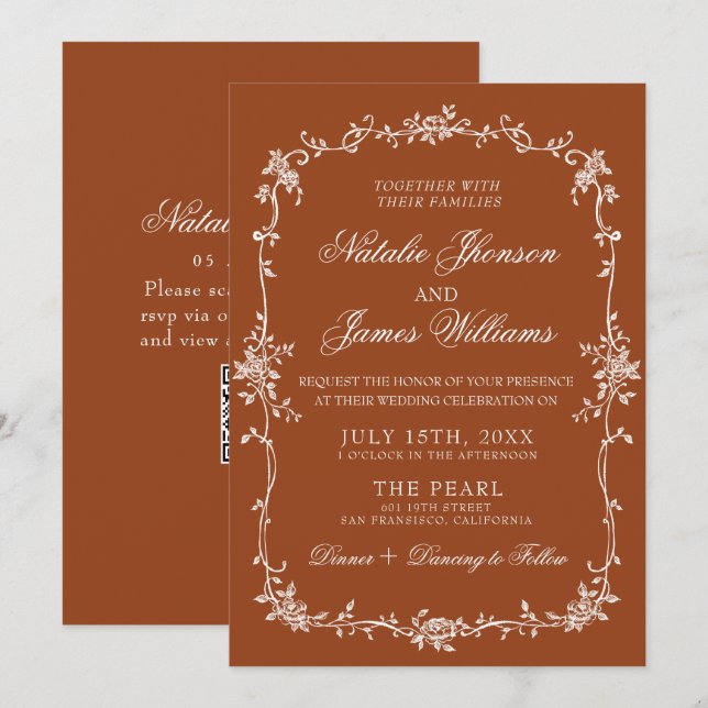 Convites Burnt Orange Floral Terracotta QR Code Wedding (Frente/Verso)