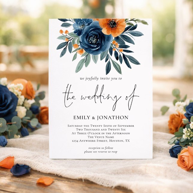 Convites Burnt Orange Navy Florals QR Code Wedding (Criador carregado)