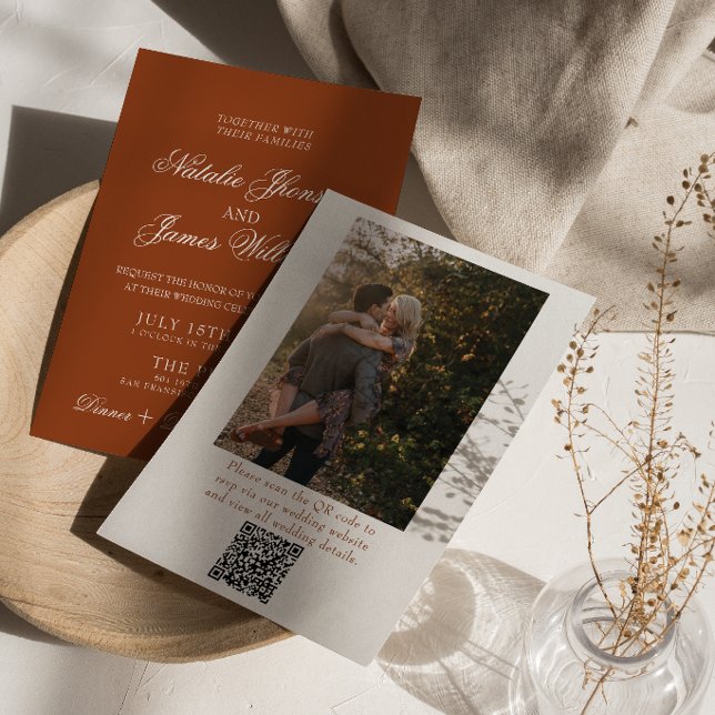 Convites Burnt Orange Terracotta Photo QR Code Wedding (Criador carregado)