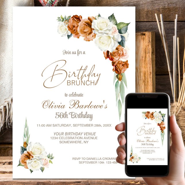 Convites Burnt Orange White Rose Floral Birthday Brunch (Criador carregado)
