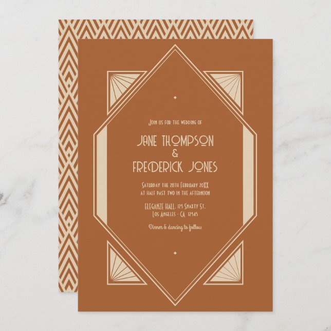 Convites Burnt Sienna & Desert Taupe Art Deco Wedding Photo (Frente/Verso)