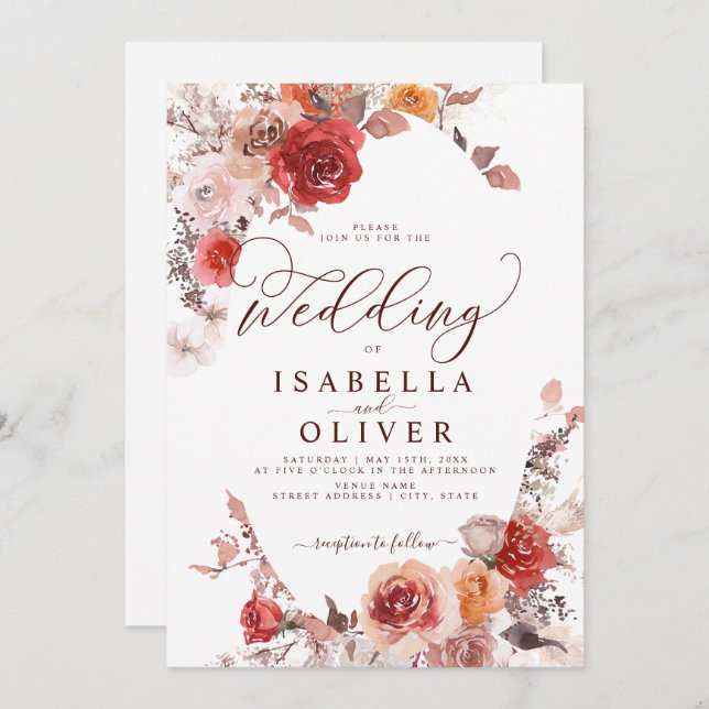 Convites Burundy Orange BohoTerracotta Wedding Invit (Frente/Verso)