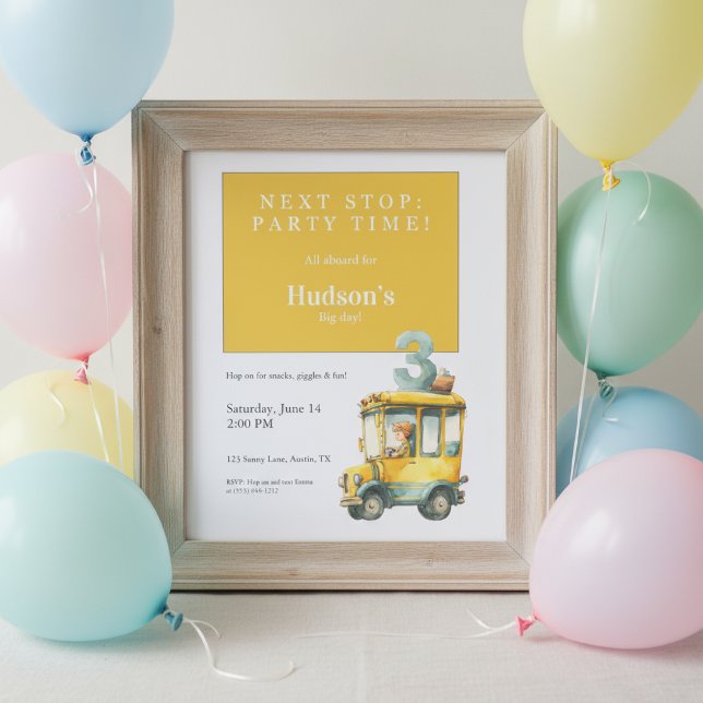 Convites Bus Birthday Invitation • Kids Party (Yellow bus birthday invitation in wooden frame with pastel balloons on light wall.)