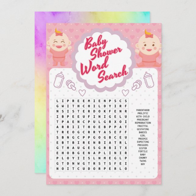 Convites busca de palavras de bebê fofo (Frente/Verso)