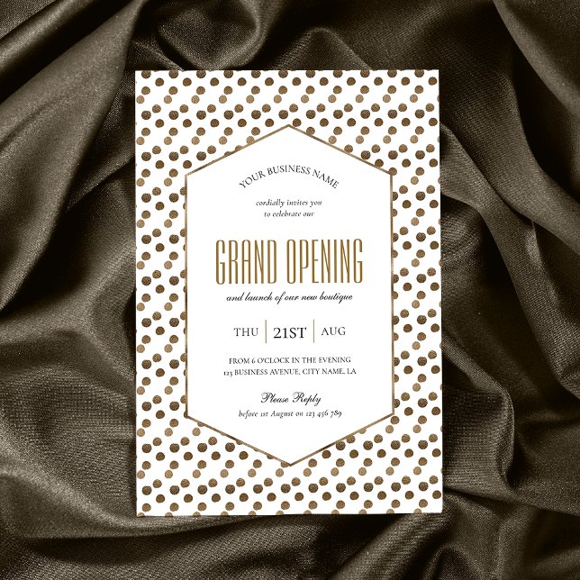 Convites Business Grand Open Elegante Dourada Chic Corporat (Elegant white and gold glitter business event invitation design with hexagon frame and gold effects)