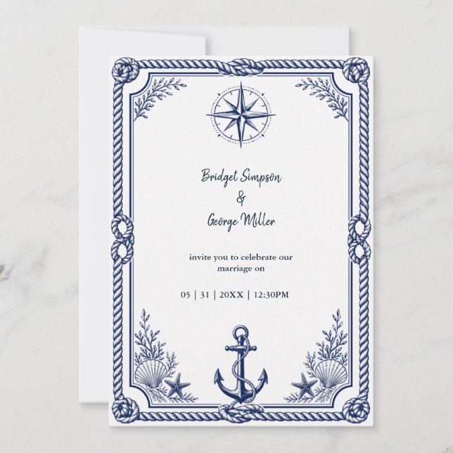 Convites Bússola de Casamento Naval Vintage (Frente)
