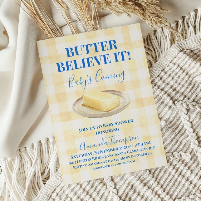 Convites Butter Believe It Yellow Gingham Boy Baby Shower (Criador carregado)