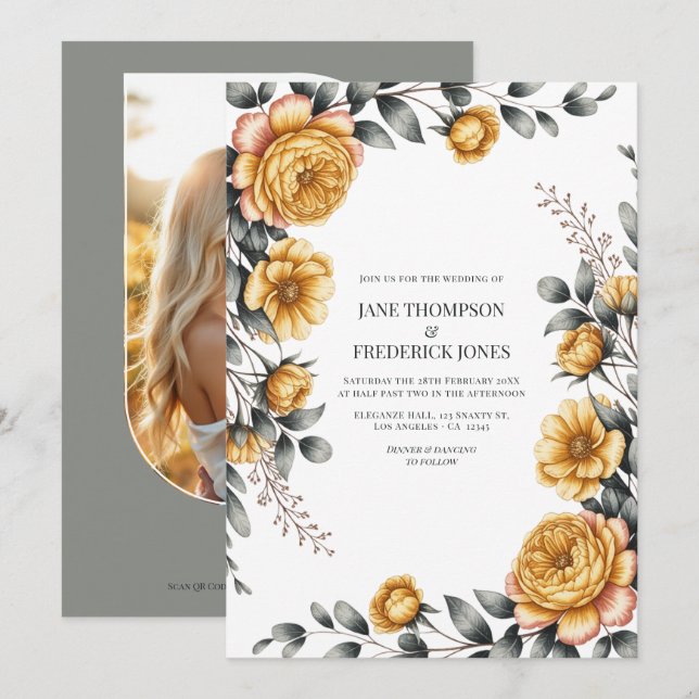 Convites Butter Yellow & Dove Gray Botanical Floral Wedding (Frente/Verso)