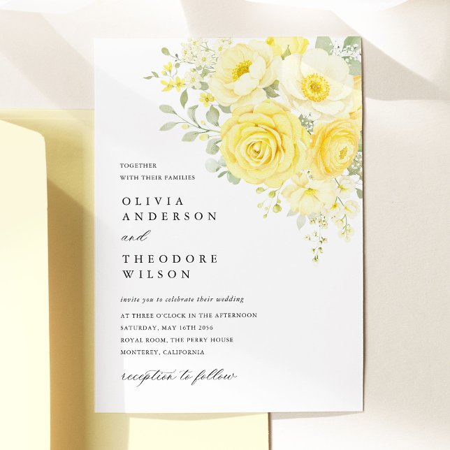 Convites Butter Yellow Ivory Floral Wedding (butter yellow ivory floral wedding invitation yellow rose invitation elegant wedding stationery)