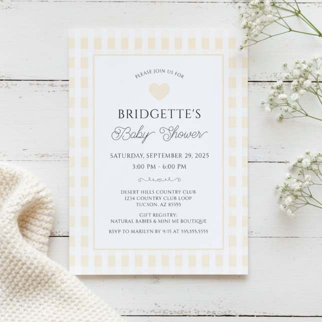 Convites Butter Yellow Plaid Baby Shower Chic (chic yellow and white preppy plaid baby shower invitation with heart elegant script typography)