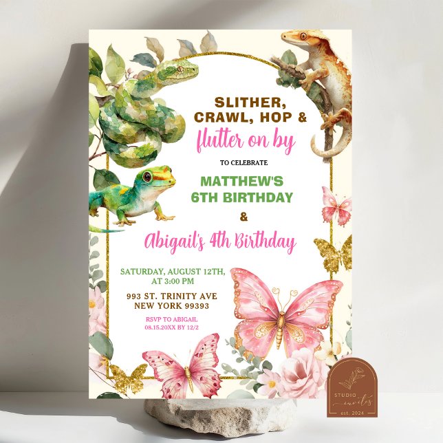 Convites Butterflies and Reptiles Joint Sibling Birthday  (Criador carregado)