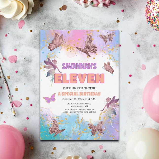 Convites Butterflies Fairy Gold Glitter 11th Birthday Party (Criador carregado)