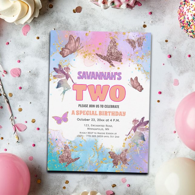 Convites Butterflies Fairy Gold Glitter 2nd Birthday Party (Criador carregado)