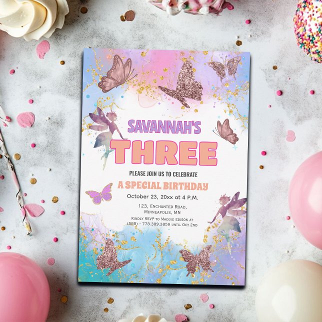 Convites Butterflies Fairy Gold Glitter 3rd Birthday Party (Criador carregado)