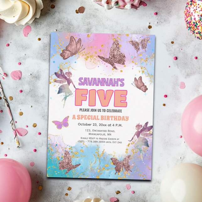 Convites Butterflies Fairy Gold Glitter 5th Birthday Party (Criador carregado)