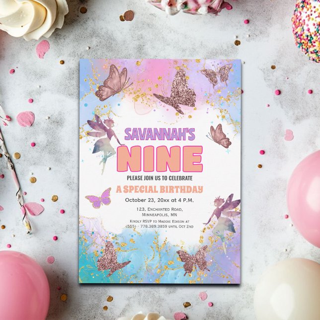 Convites Butterflies Fairy Gold Glitter 9th Birthday Party (Criador carregado)
