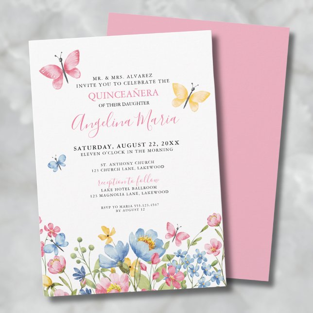 Convites Butterflies Floral Quinceanera (Butterfly Floral Quinceanera Invitation)
