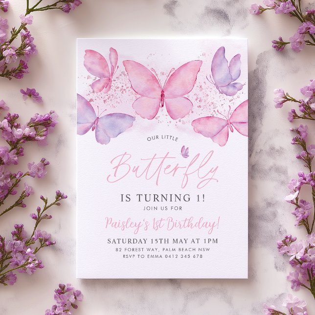 Convites Butterfly 1st Birthday Invitation Pink Purple Girl (Our little butterfly is turning 1! Pink Purple Butterfly 1st birthday design)