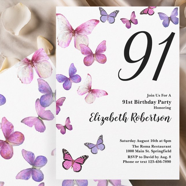 Convites Butterfly 91st Birthday Invitation in Pink /Purple (Criador carregado)