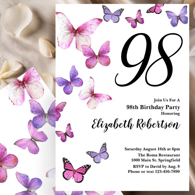 Convites Butterfly 98th Birthday Invitation in Pink Purple (Criador carregado)