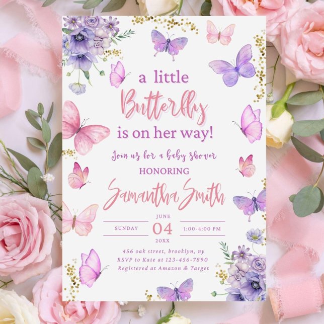 Convites Butterfly Baby Shower Invitation, Pink Purple  (Criador carregado)