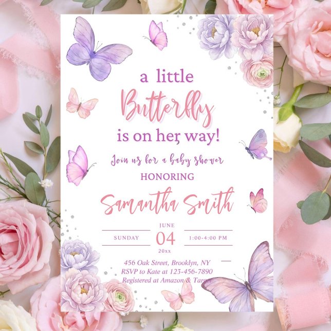 Convites Butterfly Baby Shower Invitation, Pink Purple  (Criador carregado)