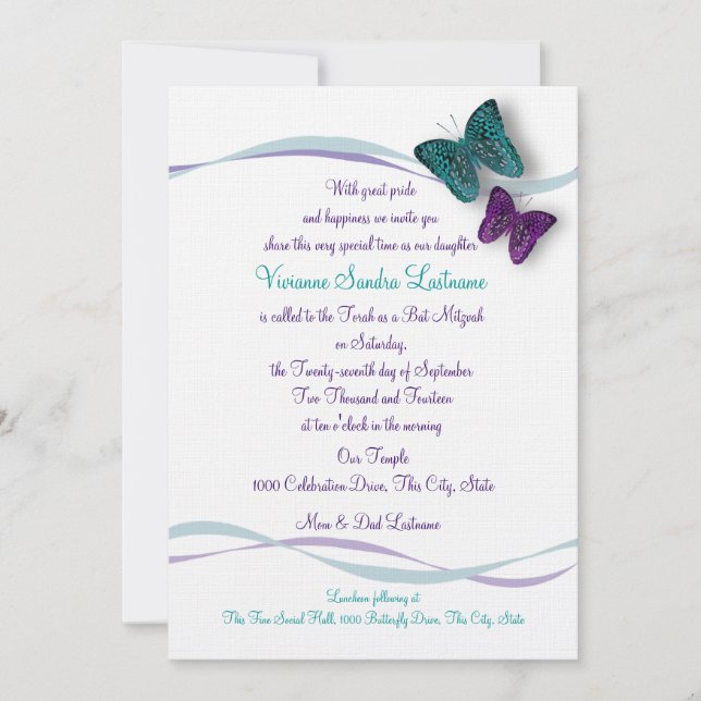 Convites Butterfly Bat Mitzvah (Frente)