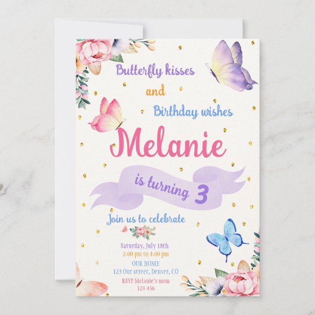 Convites Butterfly Birthday Invitation Floral Party invite (Frente)