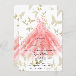 Convites Butterfly Dance Coral Vestido Dourado Sweet 16 Par