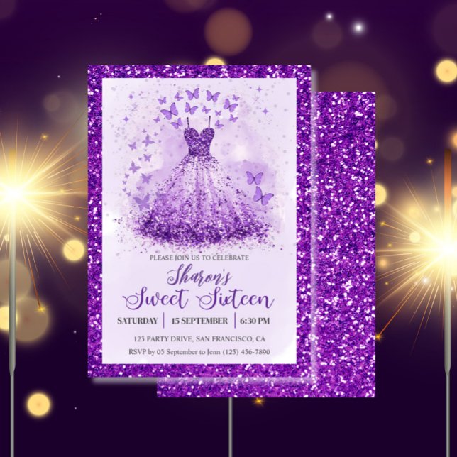 Convites Butterfly Dance Glitter Purple Dress Sweet 16  (Sweet 16 Butterflies Dress Party Invitation)