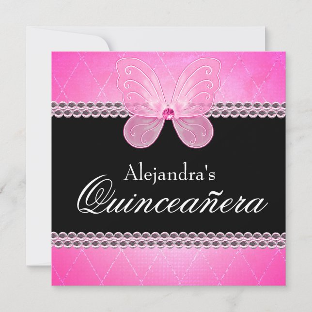 Convites Butterfly Diamantes Rosa Quinceanera (Frente)