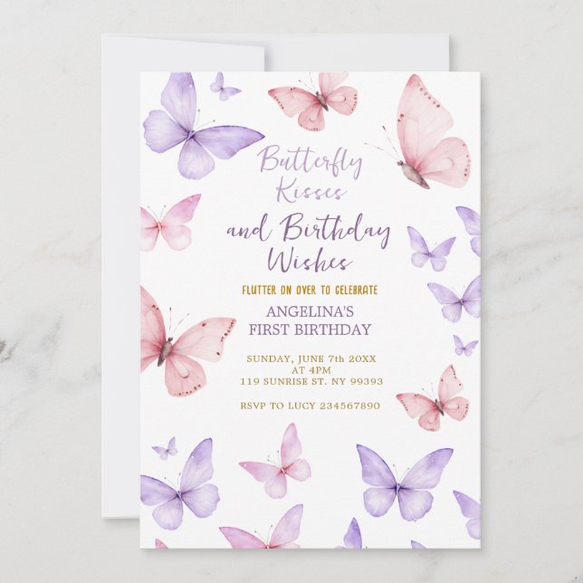 Convites Butterfly First Birthday Invitation Girl (Frente)